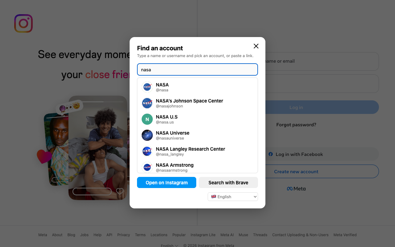 Instagram's home page with the extension's search box