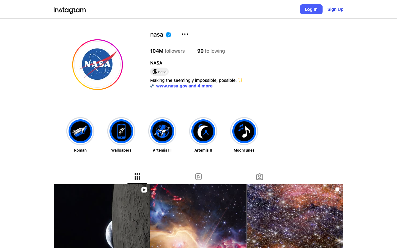 NASA's Instagram profile, open without a login pop-up